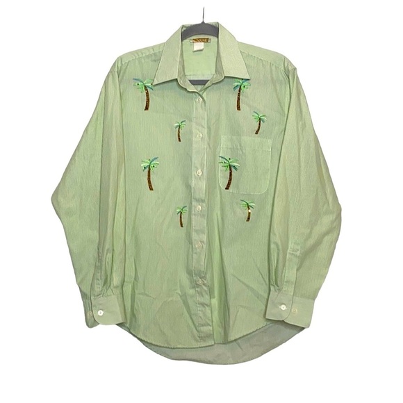 Tia Designs Women's Green & White Striped Button Down Shirt Palm Trees sz Large - Picture 1 of 7
